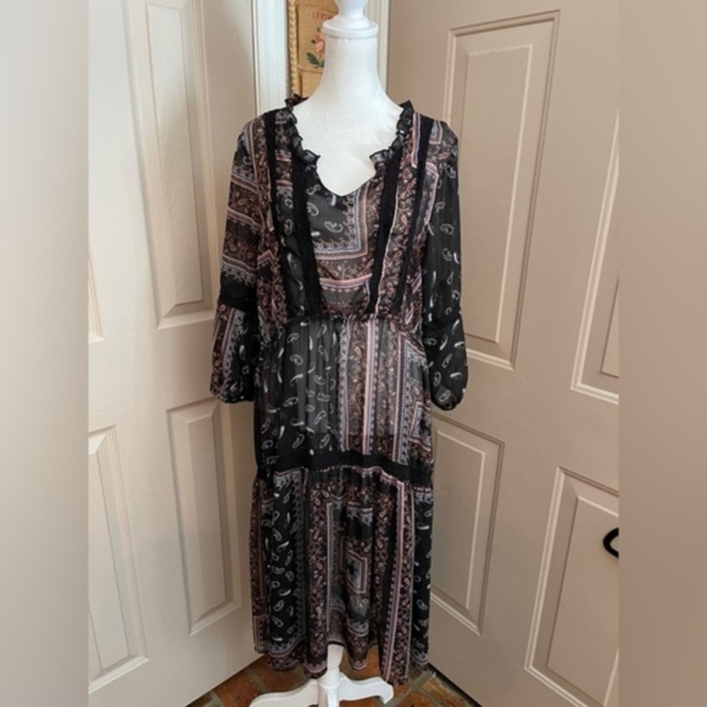 Mimi Chica all sheer boho patchwork paisley 3/4 sleeve dress swimsuit cover. L​